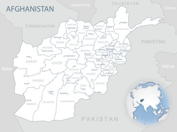 illustrations, cliparts, dessins animés et icônes de carte détaillée bleu-gris des divisions administratives de l’afghanistan et de l’emplacement sur le globe. - kandahar