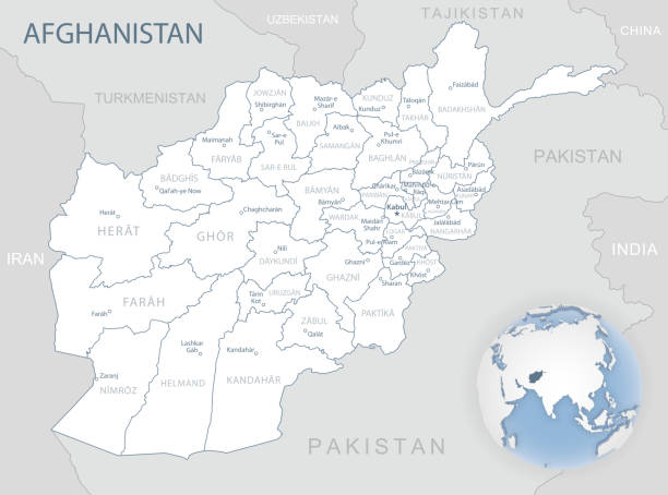 ilustrações, clipart, desenhos animados e ícones de mapa detalhado azul-cinza das divisões administrativas do afeganistão e localização no globo. - turquemenistão