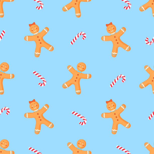 illustrations, cliparts, dessins animés et icônes de mode de noël et nouvel an sans couture, papier numérique. - cookie christmas gingerbread man candy cane