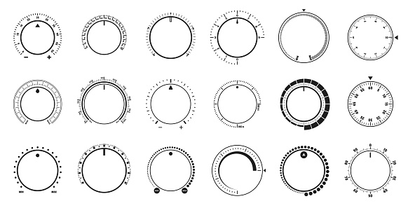 Volume level knob, rotary dials with round scale and round controller. Min and Max radial selector vector graphic set