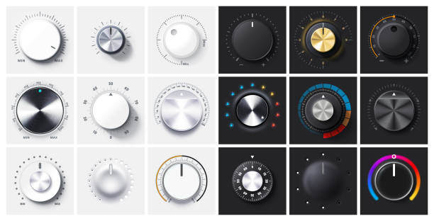 Realistic round adjustment dial Regulator knob, volume level and analog Min Max dials with realistic shadow and radial metal gradient. 3D Knobs on black and white backgrounds vector set turn knob stock illustrations