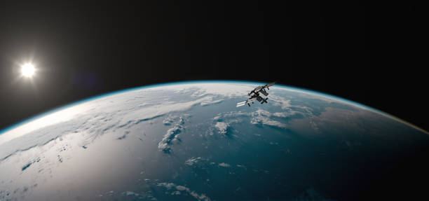 stazione spaziale internazionale (iss) nello spazio - spacex & nasa research - modello 3d della nasa - rendering 3d - satellite view earth globe sunrise foto e immagini stock