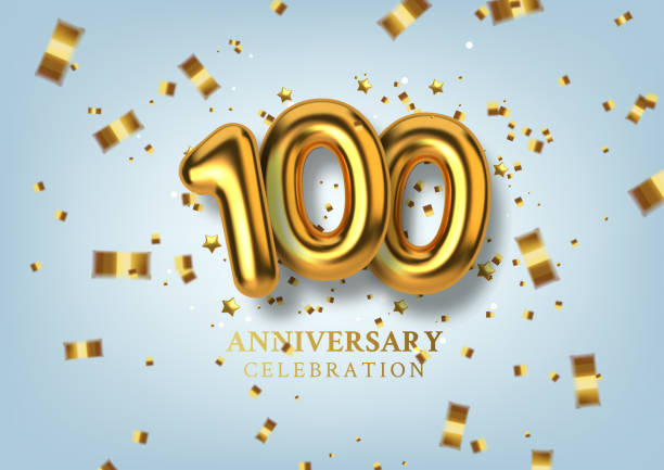 100th Anniversary celebration. Number in the form of golden balloons. Realistic 3d gold numbers and sparkling confetti, serpentine. Horizontal template for Birthday or wedding event. Vector illustration. 100th Anniversary celebration. Number in the form of golden balloons. Realistic 3d gold numbers and sparkling confetti, serpentine. Horizontal template for Birthday or wedding event. Vector illustration number 100 stock illustrations