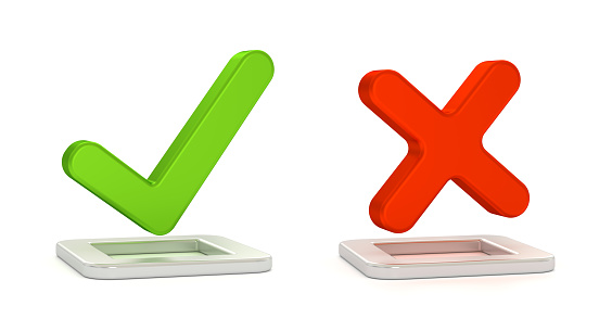 Green checkmark and red cross icon. Checkmark icon set isolated on the white background. Approve and decline,  vote icon, choice sign.