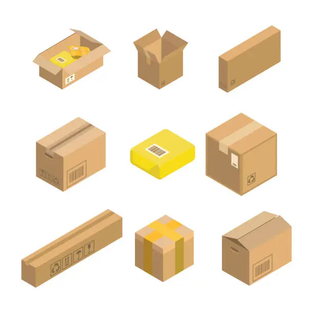 Vector illustration of Isometric parcel icon. Set packing box vector illustration isolated on white background.