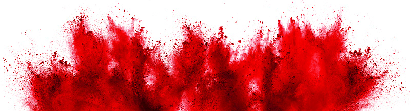 bright red holi paint color powder festival explosion isolated on white background. industrial print concept background