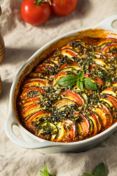 Homemade Warm Veggie Ratatouille Casserole Homemade Warm Veggie Ratatouille Casserole with Tomatoes and Squash ratatouille stock pictures, royalty-free photos & images