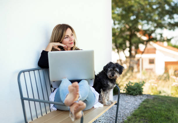 mature woman with dog working in home office outdoors on bench, using laptop. - using phone garden bench imagens e fotografias de stock