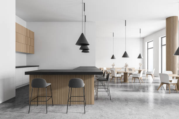 istock Modern white and wooden bar interior, side view 1282366772