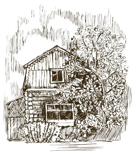 Vector illustration of house in the village, pen and ink