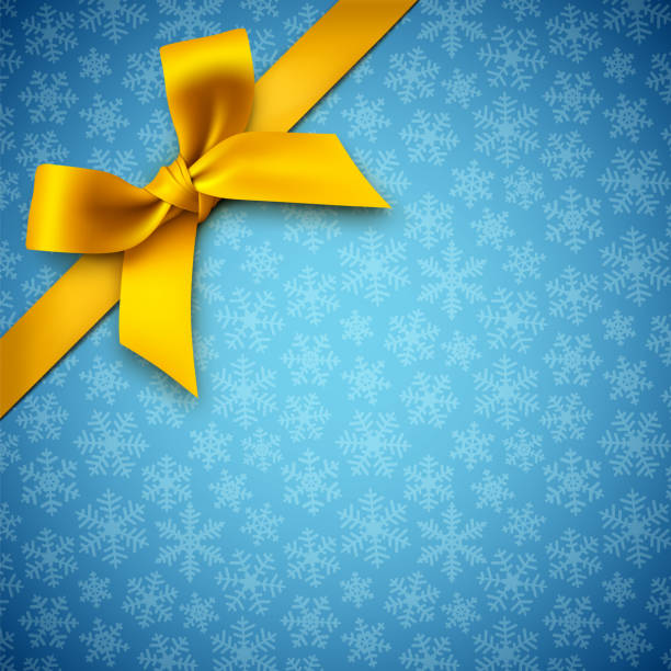 ilustrações de stock, clip art, desenhos animados e ícones de blue holiday background with snowflakes and yellow gift bow - christmas present bow christmas snowflake