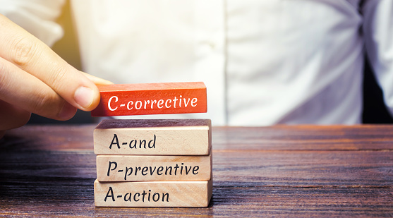 Wooden blocks with the word CAPA. Corrective and Preventive action plans. Business management concept. Strategy and efficiency. Improving organizational processes. Performance