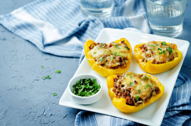 istock Minced meat onion stuffed pepper with parsley in a plate 1282370650