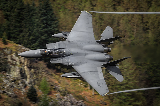 USAF F15E Strike Eagle of the 48th Fighter Wing (48th FW) RAF Lakenheath flying Low Level in the Welsh mountains of the Mach Loop, LFA7