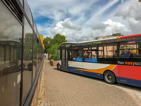 Merthyr Tydfil, Wales - August 2018: Bus arriving at the bus station in Merthyr Tydfil town centre
