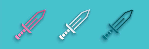 istock Paper cut Sword icon isolated on blue background. Medieval weapon. Paper art style. Vector 1282371879
