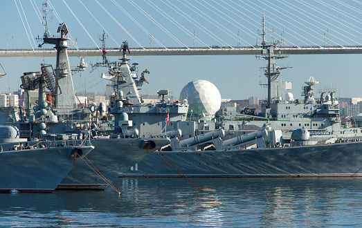 Vladivostok, Russia - January,02,2020: The warships of the Pacific Fleet  - the destroyer Burny, the cruiser Varyag, the large anti-submarine ship Admiral Panteleev, and the ship Marshal Krylov.