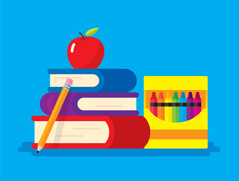 Vector illustration of a stack of books, box of crayons, apple and pencil against a blue background in flat style.