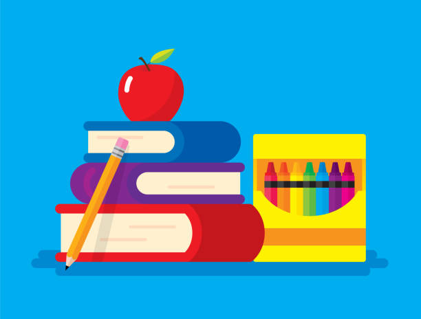 Back to School Items Vector illustration of a stack of books, box of crayons, apple and pencil against a blue background in flat style. school supplies stock illustrations