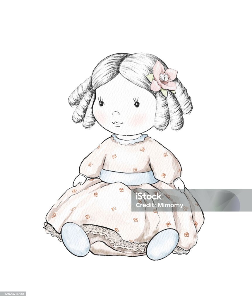 Watercolor Sketch With Vintage Cartoon Doll In Pink Dress Stock ...