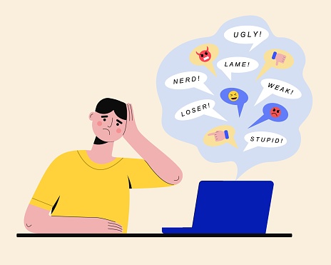 Cyberbullying concept. Sad man reading messages at laptop and getting insulted online. Vector flat illustration