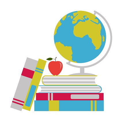 Globe Earth model, stack of books and apple. Back to school concept. Vector illustration in flat style