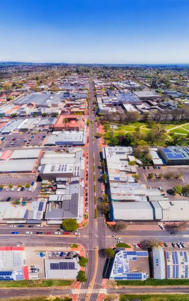 Main Byng street in city of Orange on Australian Central west NSW in aerial vertical panorama on a sunny day.