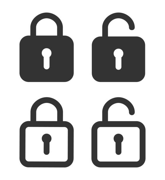 ilustrações de stock, clip art, desenhos animados e ícones de lock icon. padlock unlock. password for closed of locker on website. symbol of private and security in line style. open safe with key or login. set of graphic icons for protection concept. vector - security