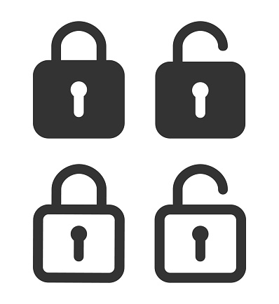 Lock icon. Padlock unlock. Password for closed of locker on website. Symbol of private and security in line style. Open safe with key or login. Set of graphic icons for protection concept. Vector.