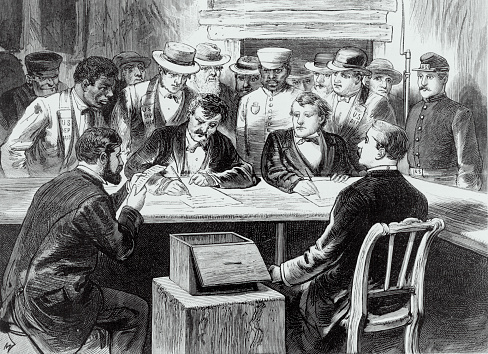 Vintage image features men seated around a table with a ballot box counting votes after the disputed 1876 presidential election between Republican Rutherford B. Hayes and Democrat Samuel J. Tilden.
