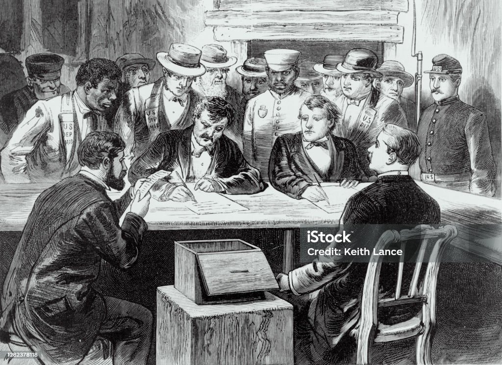 Counting the Votes after Election Day Vintage image features men seated around a table with a ballot box counting votes after the disputed 1876 presidential election between Republican Rutherford B. Hayes and Democrat Samuel J. Tilden. Electoral College stock illustration