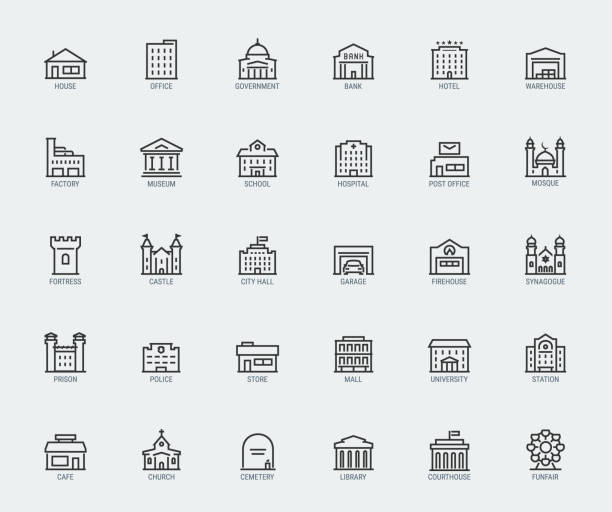 hükümet ve şehir binaları vektör simgesi i̇nce çizgi stilinde ayarlandı - havra illüstrasyonlar stock illustrations