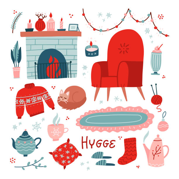 ilustrações de stock, clip art, desenhos animados e ícones de vibrant collection of hygge christmas icons. big set of cozy and warm elements - armchair, fireplace and teapot. vector flat hand drawn illustration for greeting cards, posters, and seasonal design. - fire place