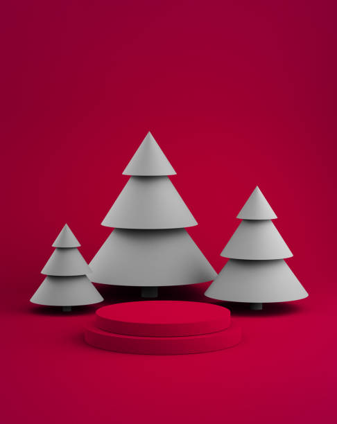 nowy rok podium etapie lokowania produktu, minimalne choinki na kolorowym tle. ilustracja 3d - christmas winter non urban scene pine tree zdjęcia i obrazy z banku zdjęć