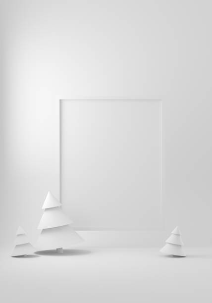 New year greeting frame on monochrome background with christmas trees. Copy space, 3d illustration stock photo