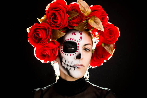 istock Sugar skull creative make up costume with rosses and lace for Halloween 1282379317