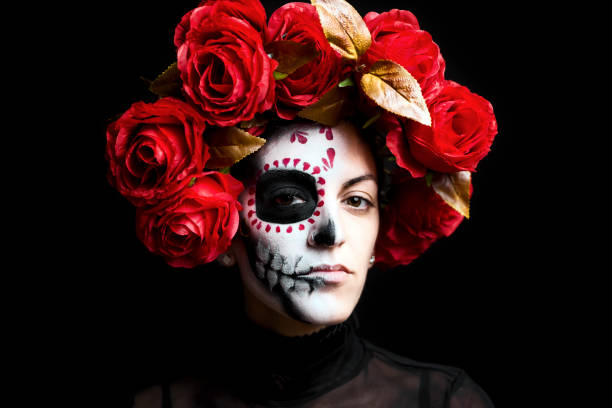 istock Sugar skull creative make up costume with rosses and lace for Halloween 1282379878