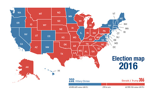 Election map, between democrats and republicans, per state for 2016 presidential elections