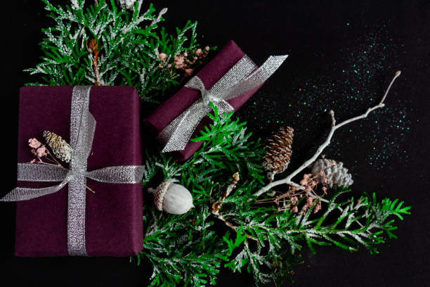 istock beautiful bright christmas and new year composition on black background, greeting card. Flat lay, top view 1282381353