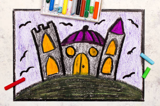 istock Colorful hand drawing: Old scary castle at night. Halloween drawing on white  background 1282381542