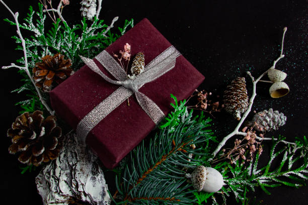 istock beautiful bright christmas and new year composition on black background, greeting card. Flat lay, top view 1282382085
