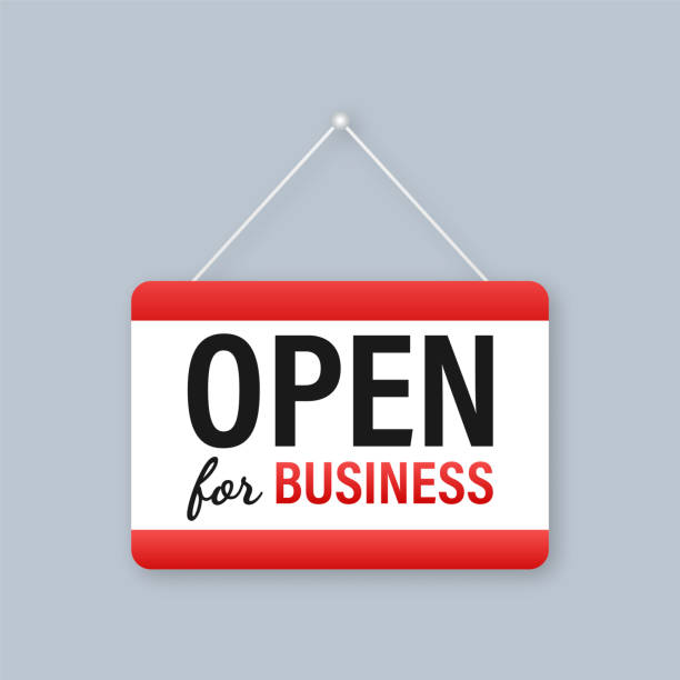 Open for business sign. Flat design for business financial marketing banking advertisement office people life property stock fund commercial background in minimal concept cartoon Open for business sign. Flat design for business financial marketing banking advertisement office people life property stock fund commercial background in minimal concept cartoon. restaurant labor union stock illustrations