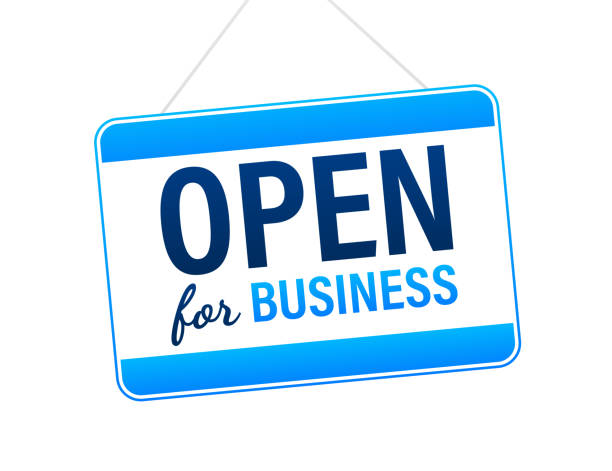 Open for business sign. Flat design for business financial marketing banking advertisement office people life property stock fund commercial background in minimal concept cartoon Open for business sign. Flat design for business financial marketing banking advertisement office people life property stock fund commercial background in minimal concept cartoon. restaurant labor union stock illustrations