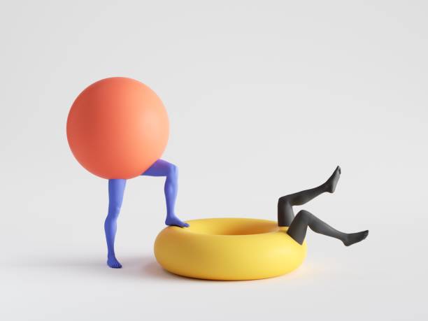 istock 3d render, abstract geometric cartoon characters isolated on white background. Defeated enemy metaphor. Red ball and white torus with mannequin legs. Surreal modern minimal clip art 1282383054