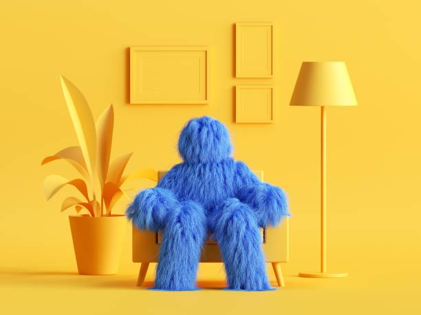 3d render, behaart yeti spielzeug, blaue cartoon-charakter monster sitzt in einem sessel in modernen minimal gelben wohnzimmer. abstrakte puppenhaus interieur - behaart stock-fotos und bilder