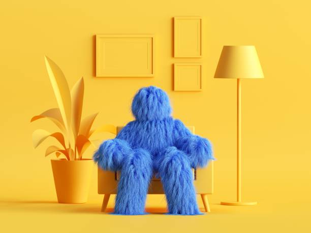 rendering 3d, peloso yeti giocattolo, mostro personaggio cartone animato blu si trova su una poltrona all'interno del moderno soggiorno giallo minimale. interno astratto della casa delle bambole - insolito foto e immagini stock