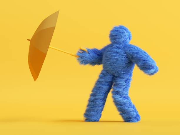 rendu 3d, drôle caractère de dessin animé yeti tient parapluie et résiste au vent. concept de temps orageux. jouet drôle, clipart bleu poilu de monstre isolé sur le fond jaune - toy umbrella photos et images de collection