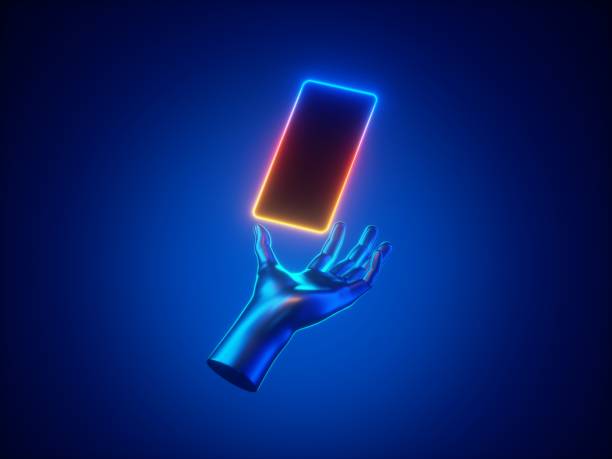 istock 3d render mannequin hand holds smart phone in horizontal position. Electronic device with neon light, isolated on blue background. Minimal futuristic wireless technology 1282384243