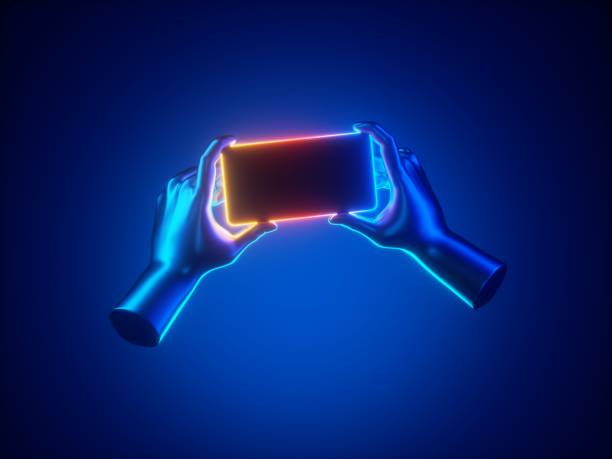 istock 3d render mannequin hands hold smart phone gadget in horizontal position, play mobile game. Neon glowing electronic device isolated on blue background. Cool touchscreen technology 1282384255