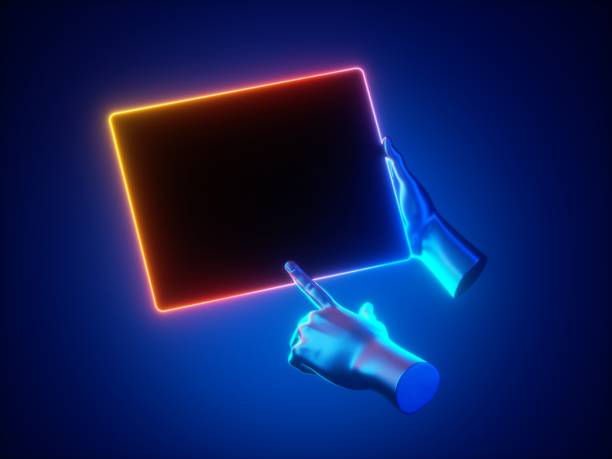 istock 3d render, hands hold graphic pad with bright neon light on the edge, electronic device blank screen mockup, isolated on blue background 1282384261
